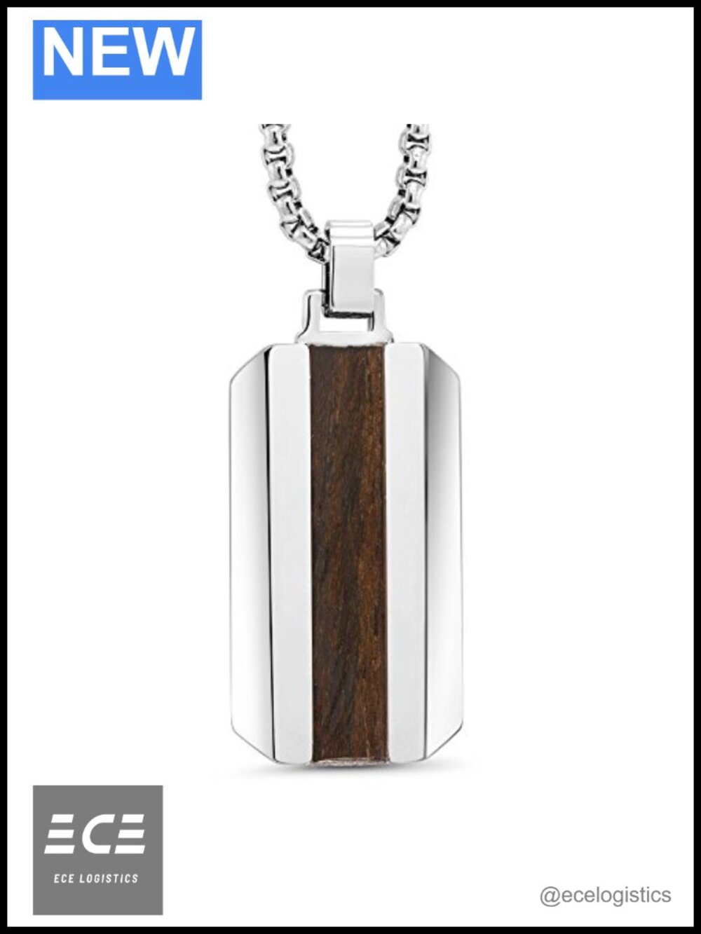Tungsten Dog Tag Necklace Walnut Wood Inlay Stainless Steel Chain